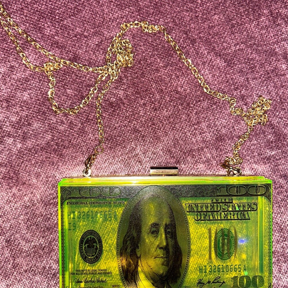 H&D Accessories Box Clutch Purse Neon Green Transparent Money Print Gold
